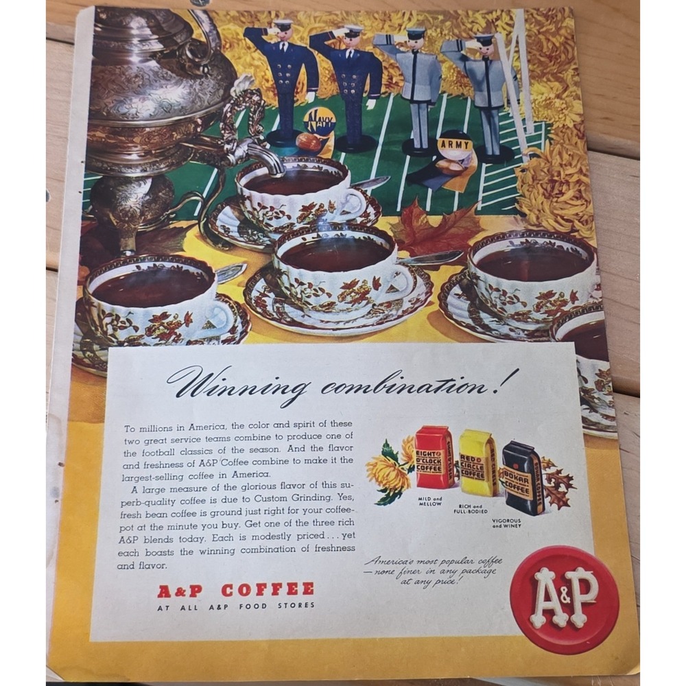 Vintage 1946 A&P Coffee Print Ad Army Navy Football Winning Combination Decor